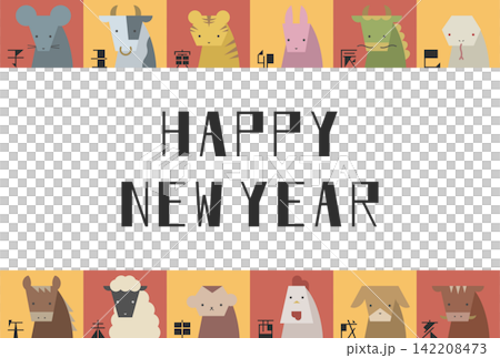 扁平化插畫：新年快樂，十二生肖（橫版） 142208473