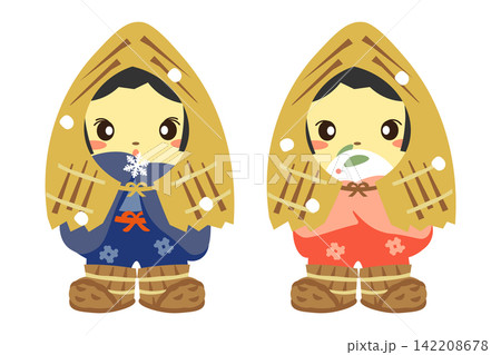 藁沓と蓑を身にまとった、雪ん子のイラストセット 藁沓と蓑を身にまとった、雪ん子のイラストセット 142208678