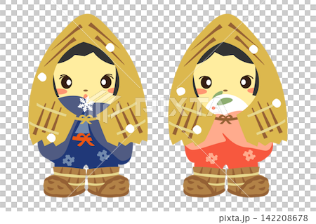 藁沓と蓑を身にまとった、雪ん子のイラストセット 藁沓と蓑を身にまとった、雪ん子のイラストセット 142208678