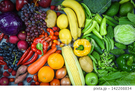 Assorted fresh ripe fruit red yellow purple and green vegetables mixed selection various / vegetables and fruits background healthy food clean eating for heart life cholesterol diet health Assorted fresh ripe fruit red yellow purple and green vegetables mixed selection various / vegetables and fruits background healthy food clean eating for heart life cholesterol diet health 142208834