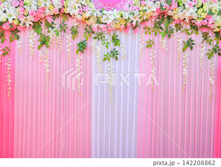 Backdrop wedding background romantic flower and green leaf decoration plant beautiful pink curtain Backdrop wedding background romantic flower and green leaf decoration plant beautiful pink curtain 142208862