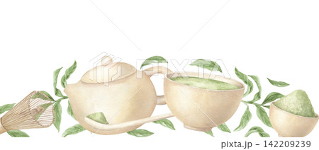 Watercolor traditional Japanese matcha tea horizontal botanical border on isolated background. Ceramic teapot, chawan bowl, bamboo whisk and green tea leaves. Asian tea ceremony and organic beverage 142209239