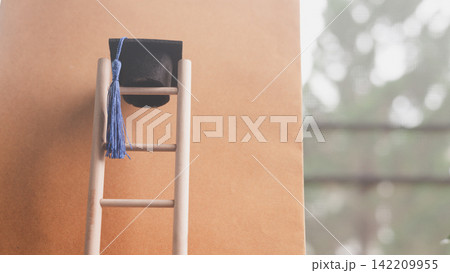 Graduation cap at the top of a wooden ladder leaning on a large book, symbolizing academic achievement, career growth, lifelong learning, ambition, progress, and the journey toward future success. Graduation cap at the top of a wooden ladder leaning on a large book, symbolizing academic achievement, career growth, lifelong learning, ambition, progress, and the journey toward future success. 142209955