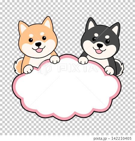 一幅邊框插圖，畫中一隻可愛的柴犬和一隻黑色的柴犬，配有雲朵形狀的對話框。 142210405