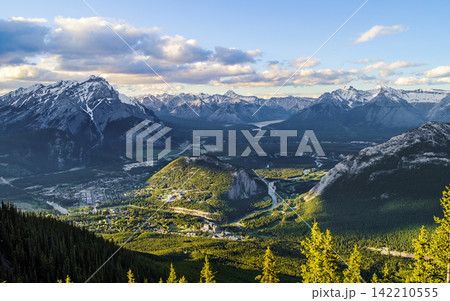 Mountain Landscape with Snowy Peaks, Forest Valley and River Mountain Landscape with Snowy Peaks, Forest Valley and River 142210555