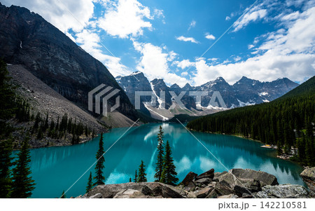 Turquoise Alpine Lake and Rocky Mountains Panoramic Landscape Turquoise Alpine Lake and Rocky Mountains Panoramic Landscape 142210581