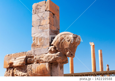 Persepolis Ruins with Ancient Persian Bull Sculpture Under Blue Sky Persepolis Ruins with Ancient Persian Bull Sculpture Under Blue Sky 142210588
