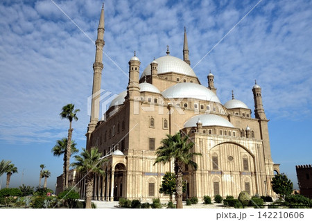 Historic Cairo Mosque with Domes and Minarets Under Blue Sky Historic Cairo Mosque with Domes and Minarets Under Blue Sky 142210606