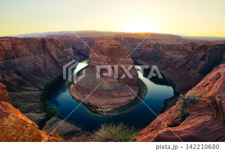 Horseshoe Bend Canyon Sunset Panorama with Colorado River 142210680