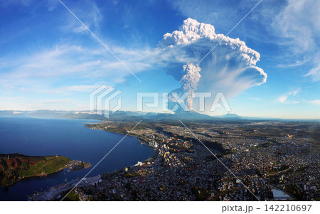 Volcanic Eruption Ash Cloud Over Coastal City Aerial View Volcanic Eruption Ash Cloud Over Coastal City Aerial View 142210697
