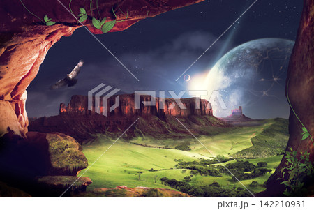 Fantasy Alien Canyon Landscape with Planet and Flying Bird 142210931