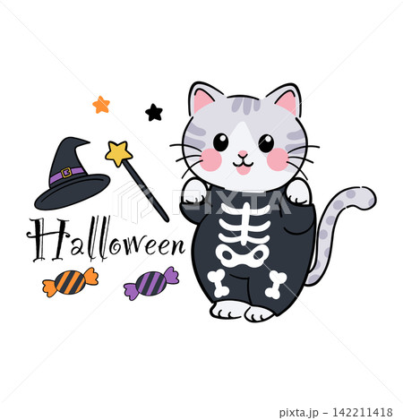 Halloween Cat Flat Vector Cartoon Illustration 142211418