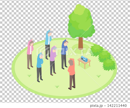 Elderly people doing radio calisthenics together in the park Elderly people doing radio calisthenics together in the park 142211440