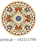 An elegant circular Chinese mandala pattern with floral motifs. The ornate oriental ornament features a blue longevity symbol inside a decorative round ceramic plate style framework 142211796