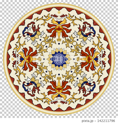 An elegant circular Chinese mandala pattern with floral motifs. The ornate oriental ornament features a blue longevity symbol inside a decorative round ceramic plate style framework 142211796