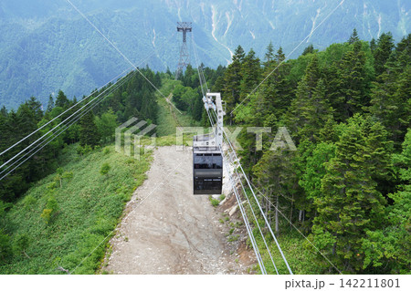 美しい高山の森の中の斜面を進むロープウェイの風景 美しい高山の森の中の斜面を進むロープウェイの風景 142211801