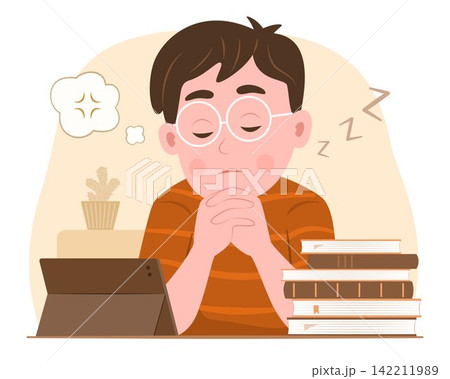 Pupil Student Kid Boy Takes a Nap with Stress Emotion while Doing Online Learning for Exhausted and Mental Health Concept Illustration Clip Art Pupil Student Kid Boy Takes a Nap with Stress Emotion while Doing Online Learning for Exhausted and Mental Health Concept Illustration Clip Art 142211989