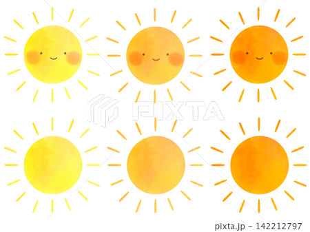 水彩タッチのかわいい太陽イラスト6種セット 顔あり 142212797