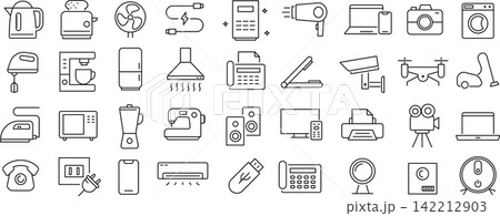 ベクターでモノクロの家電に関する線画アイコンセット ベクターでモノクロの家電に関する線画アイコンセット 142212903