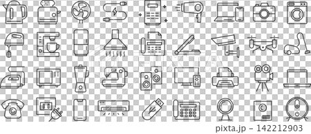 ベクターでモノクロの家電に関する線画アイコンセット ベクターでモノクロの家電に関する線画アイコンセット 142212903