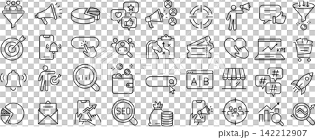 A set of monochrome vector line art icons related to marketing. 142212907