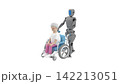 Elderly woman seated in a wheelchair while a humanoid robot assists her, 3d render 142213051