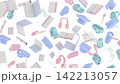 Several objects related to learning and school, such as a backpack, pen, laptop, and so on, are randomly arranged on a white background, 3d render 142213057