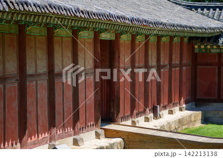 Long, narrow corridor or hall within a traditional Korean architectural structure Long, narrow corridor or hall within a traditional Korean architectural structure 142213138