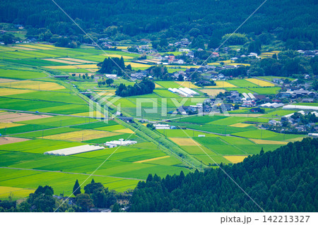阿蘇に広がる田畑と農村の風景 142213327