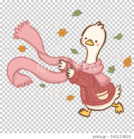 Cute long neck white goose struggling with oversized pink scarf blowing in windy autumn weather wearing red knitted cardigan cute cozy fall animal illustration Cute long neck white goose struggling with oversized pink scarf blowing in windy autumn weather wearing red knitted cardigan cute cozy fall animal illustration 142213629