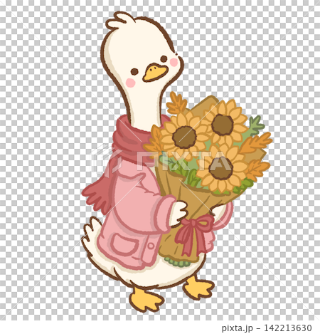 Cute long neck white goose wearing pink cardigan and red scarf holding a big bouquet of sunflowers and autumn leaves cozy fall floral animal illustration adorable seasonal character Cute long neck white goose wearing pink cardigan and red scarf holding a big bouquet of sunflowers and autumn leaves cozy fall floral animal illustration adorable seasonal character 142213630