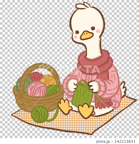 Cute long neck white goose wearing pink knitted sweater and red scarf sitting on gingham blanket knitting green scarf beside basket of colorful yarn cozy autumn craft animal illustration Cute long neck white goose wearing pink knitted sweater and red scarf sitting on gingham blanket knitting green scarf beside basket of colorful yarn cozy autumn craft animal illustration 142213631