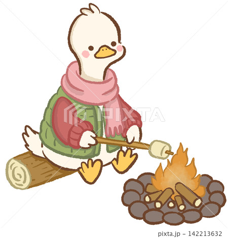 Cute long neck white goose wearing green vest and pink scarf roasting marshmallow over campfire while sitting on log cozy fall camping animal illustration adorable seasonal character 142213632