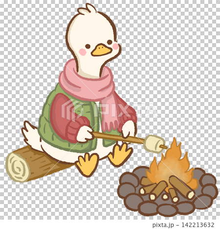 Cute long neck white goose wearing green vest and pink scarf roasting marshmallow over campfire while sitting on log cozy fall camping animal illustration adorable seasonal character 142213632