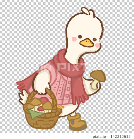 Cute long neck white goose wearing pink knitted cardigan and red scarf carrying wicker basket of mushrooms while foraging cozy woodland autumn animal illustration adorable fall character Cute long neck white goose wearing pink knitted cardigan and red scarf carrying wicker basket of mushrooms while foraging cozy woodland autumn animal illustration adorable fall character 142213633