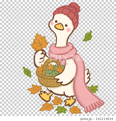 Cute long neck white goose wearing red knitted beanie and long pink scarf carrying basket of colorful fallen leaves cozy windy autumn animal illustration adorable seasonal character Cute long neck white goose wearing red knitted beanie and long pink scarf carrying basket of colorful fallen leaves cozy windy autumn animal illustration adorable seasonal character 142213634