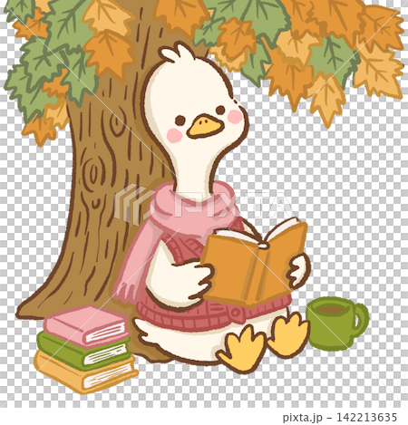 Cute long neck white goose wearing pink sweater and scarf sitting under autumn maple tree reading orange book beside stacked books and warm drink cozy fall bookish animal illustration Cute long neck white goose wearing pink sweater and scarf sitting under autumn maple tree reading orange book beside stacked books and warm drink cozy fall bookish animal illustration 142213635