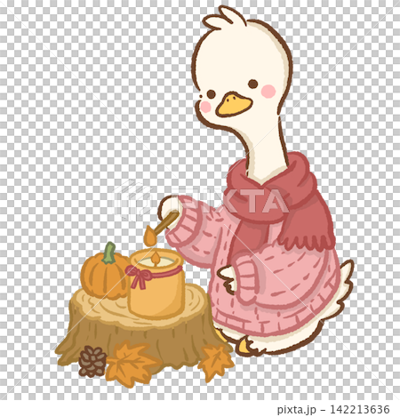 Cute long neck white goose wearing pink knitted sweater and red scarf lighting a cozy autumn candle beside pumpkin on tree stump with pinecone and fallen leaves seasonal animal illustration 142213636