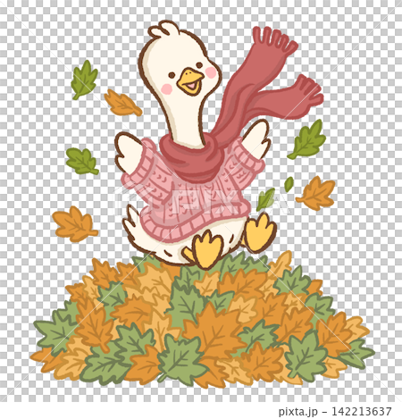 Cute long neck white goose wearing pink cable knit sweater and flowing red scarf happily jumping into a giant pile of colorful autumn leaves whimsical cozy fall animal illustration Cute long neck white goose wearing pink cable knit sweater and flowing red scarf happily jumping into a giant pile of colorful autumn leaves whimsical cozy fall animal illustration 142213637