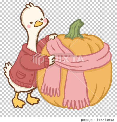 Cute long neck white goose wearing red cardigan wrapping an oversized orange pumpkin with a long pink scarf cozy whimsical autumn pumpkin animal illustration 142213638