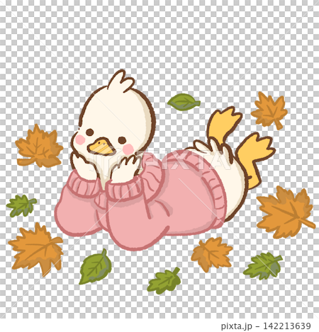Cute long neck white goose wearing oversized pink sweater lying on belly with feet in the air surrounded by orange and green fallen leaves cozy lazy autumn animal illustration Cute long neck white goose wearing oversized pink sweater lying on belly with feet in the air surrounded by orange and green fallen leaves cozy lazy autumn animal illustration 142213639