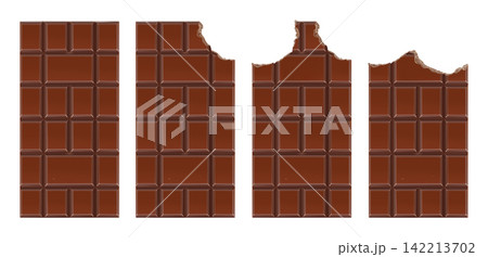 Set of realistic chocolate bars with different bite isolated on transparent background. Vector illustration of chocolate pieces for food, confectionery, dessert and advertising design Set of realistic chocolate bars with different bite isolated on transparent background. Vector illustration of chocolate pieces for food, confectionery, dessert and advertising design 142213702