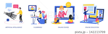 Set of flat vector compositions with people using modern technology for education, featuring artificial intelligence, e-learning, online courses and digital education, on transparent background Set of flat vector compositions with people using modern technology for education, featuring artificial intelligence, e-learning, online courses and digital education, on transparent background 142213709
