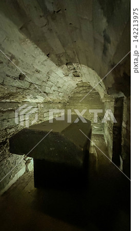 Catacombs and sarcophagi for the burial of mummies of sacred Apis bulls in the ancient Serapeum complex at Saqqara, Egypt. 142213975