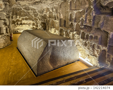 Catacombs and sarcophagi for the burial of mummies of sacred Apis bulls in the ancient Serapeum complex at Saqqara, Egypt. 142214074