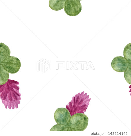Clover leaves and purple flowers watercolor seamless pattern. Hand-painted botanical repeat for fabric, textile, wallpaper, wrapping paper, stationery, packaging and surface design. 142214143