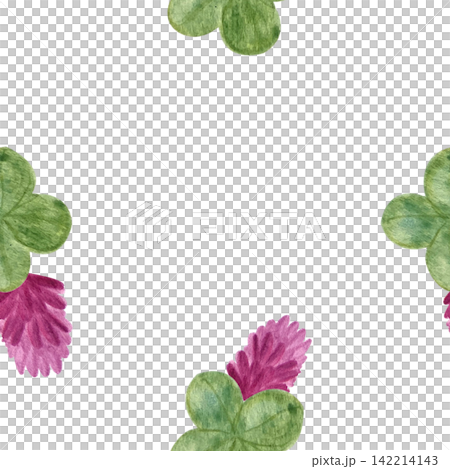 Clover leaves and purple flowers watercolor seamless pattern. Hand-painted botanical repeat for fabric, textile, wallpaper, wrapping paper, stationery, packaging and surface design. 142214143