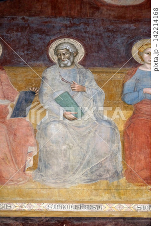 Saint Mark Evangelist, detail of the Triumph of St. Thomas Aquinas, fresco by Andrea di Buonaiuto, Spanish Chape in Santa Maria Novella Principal Dominican church in Florence, Italy Saint Mark Evangelist, detail of the Triumph of St. Thomas Aquinas, fresco by Andrea di Buonaiuto, Spanish Chape in Santa Maria Novella Principal Dominican church in Florence, Italy 142214168