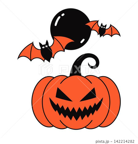 This illustration by Illustoon depicts a smiling jack-o'-lantern surrounded by two bats and a black moon 142214282