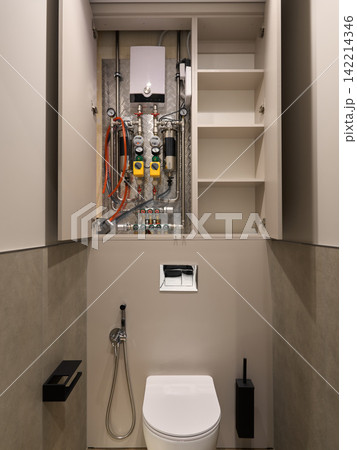 Stylish bathroom design featuring open shelving and utility panels Stylish bathroom design featuring open shelving and utility panels 142214346